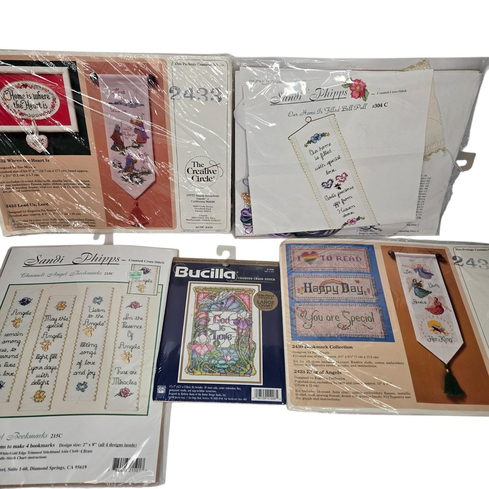 Vintage Cross Stitch Kit Lot 5 Religious Christian Bookmark, Wall Hangings NIP